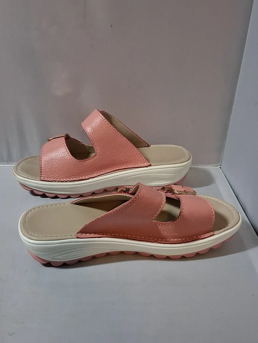 Pink and white 2 strap sandals, size 7